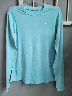 Nike Women's FIT DRY Light Blue Long Sleeve Athletic Top w/ Yellow Swoosh Sz L